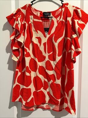 Red & Cream Printed Ruffle Sleeve V-Neck Top